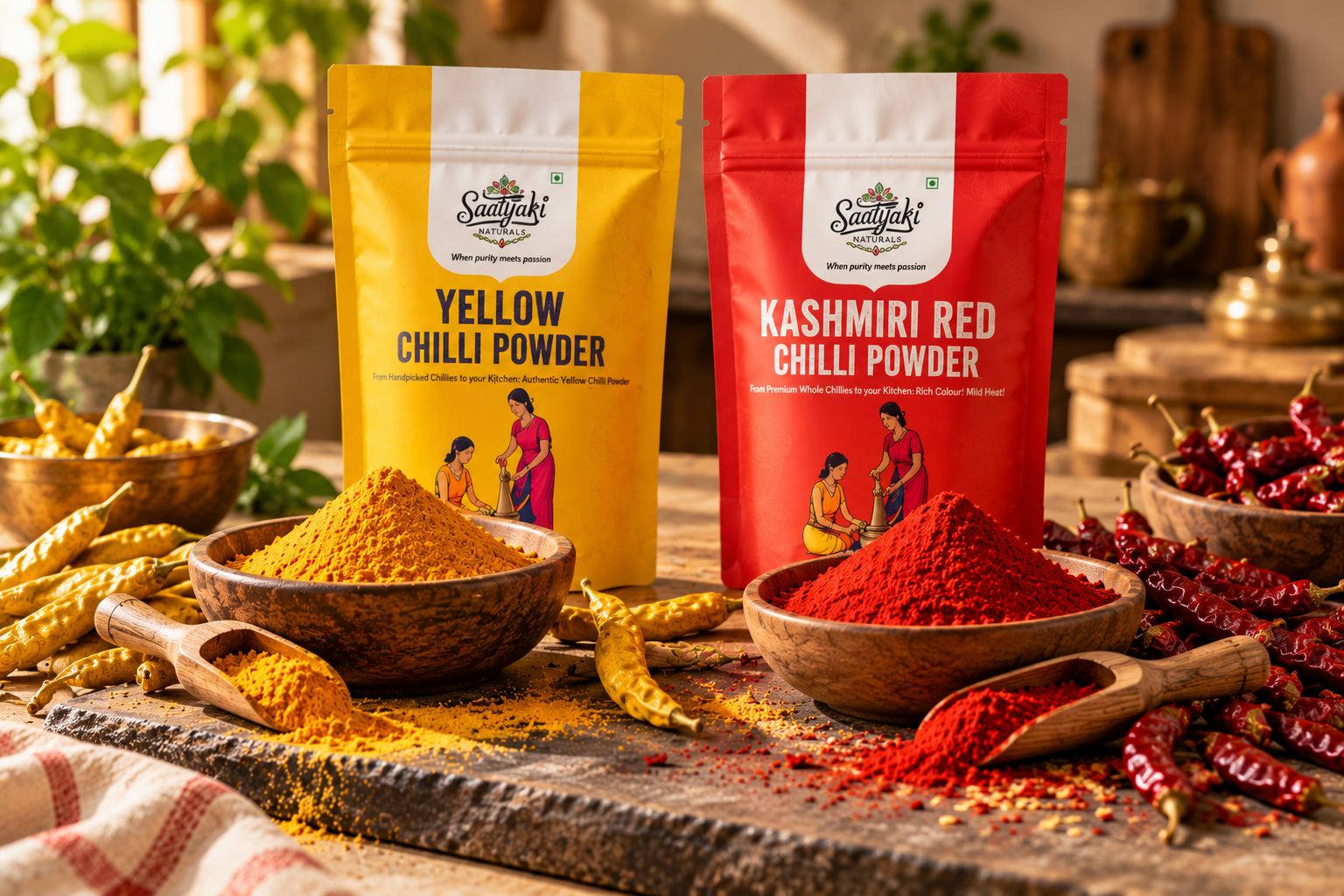 Pure turmeric and red chilli powder with whole turmeric and dried chillies