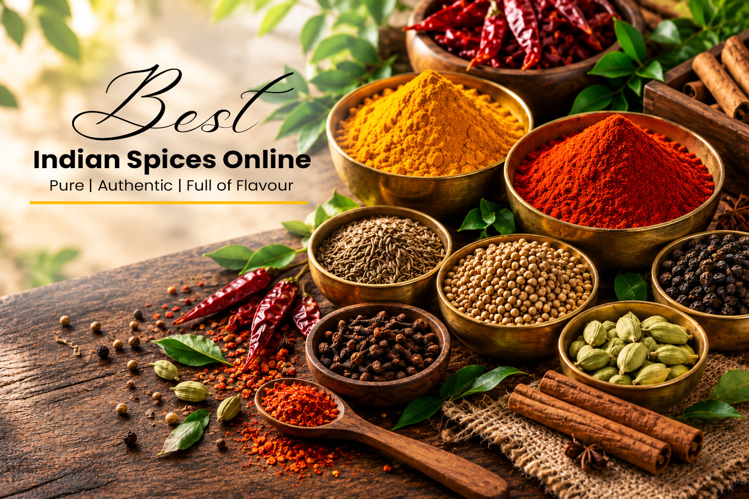 Assortment of the best Indian spices in brass bowls