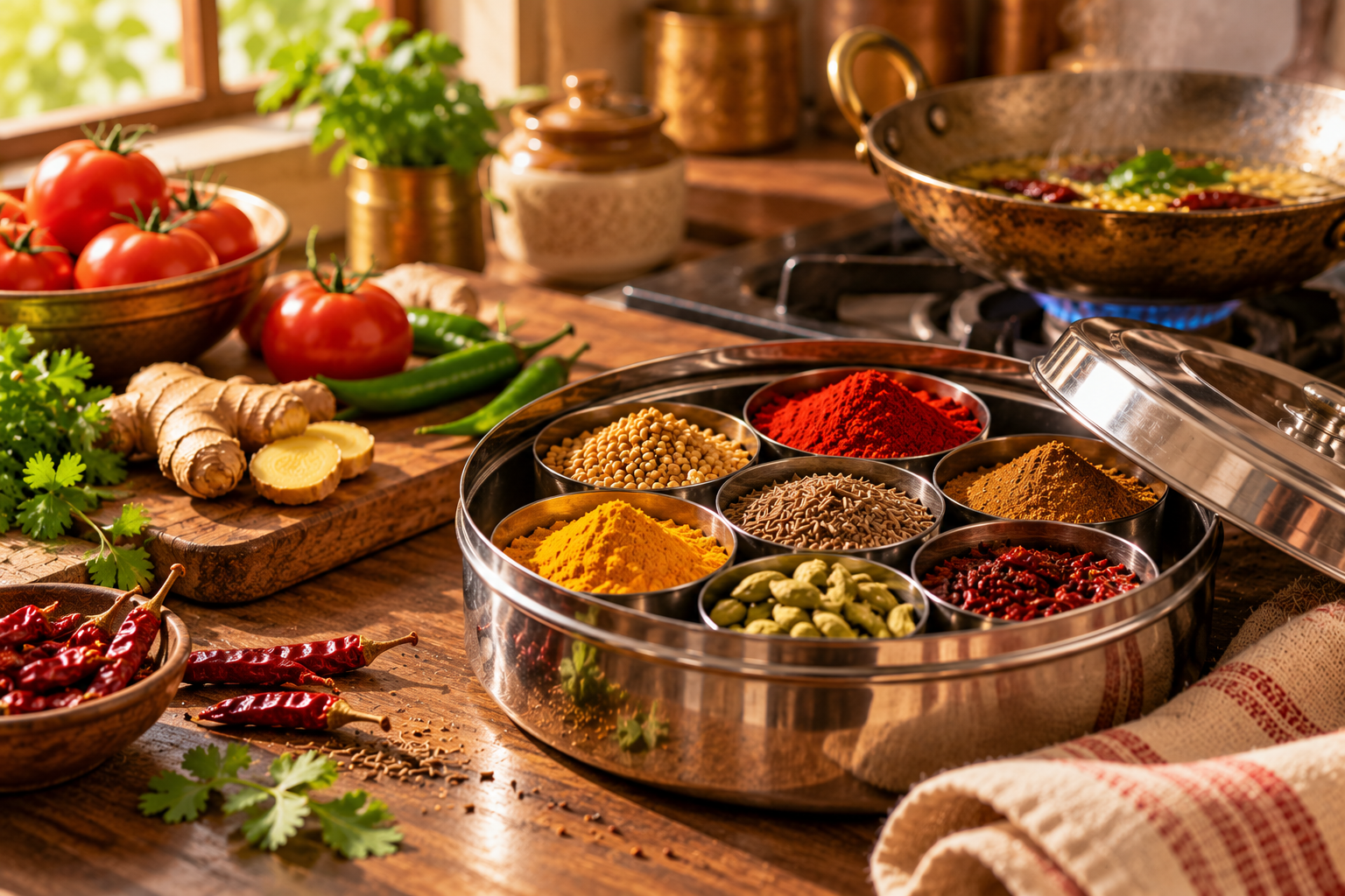 Traditional steel masala dabba with colourful Indian spices