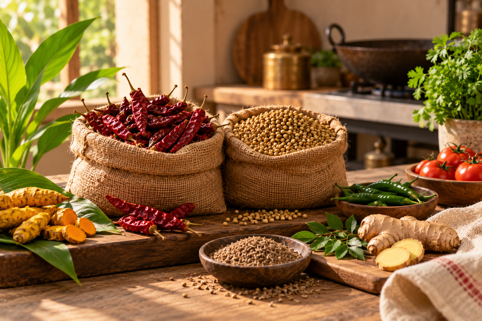 Pure Indian spices from farm to kitchen in jute sacks and wooden crates