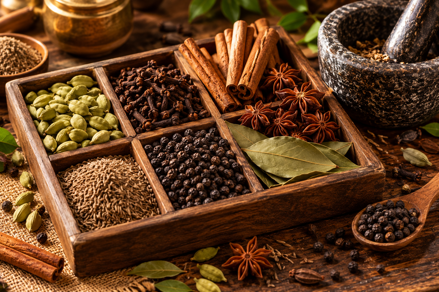 Whole Indian spices in a wooden tray with a mortar and pestle