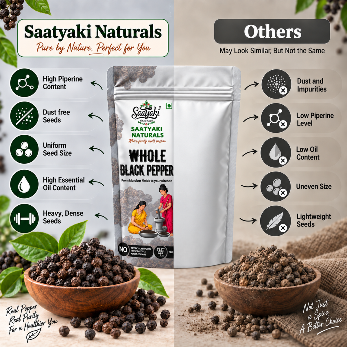 Malabar Black Pepper - Premium Whole Kali Mirch
