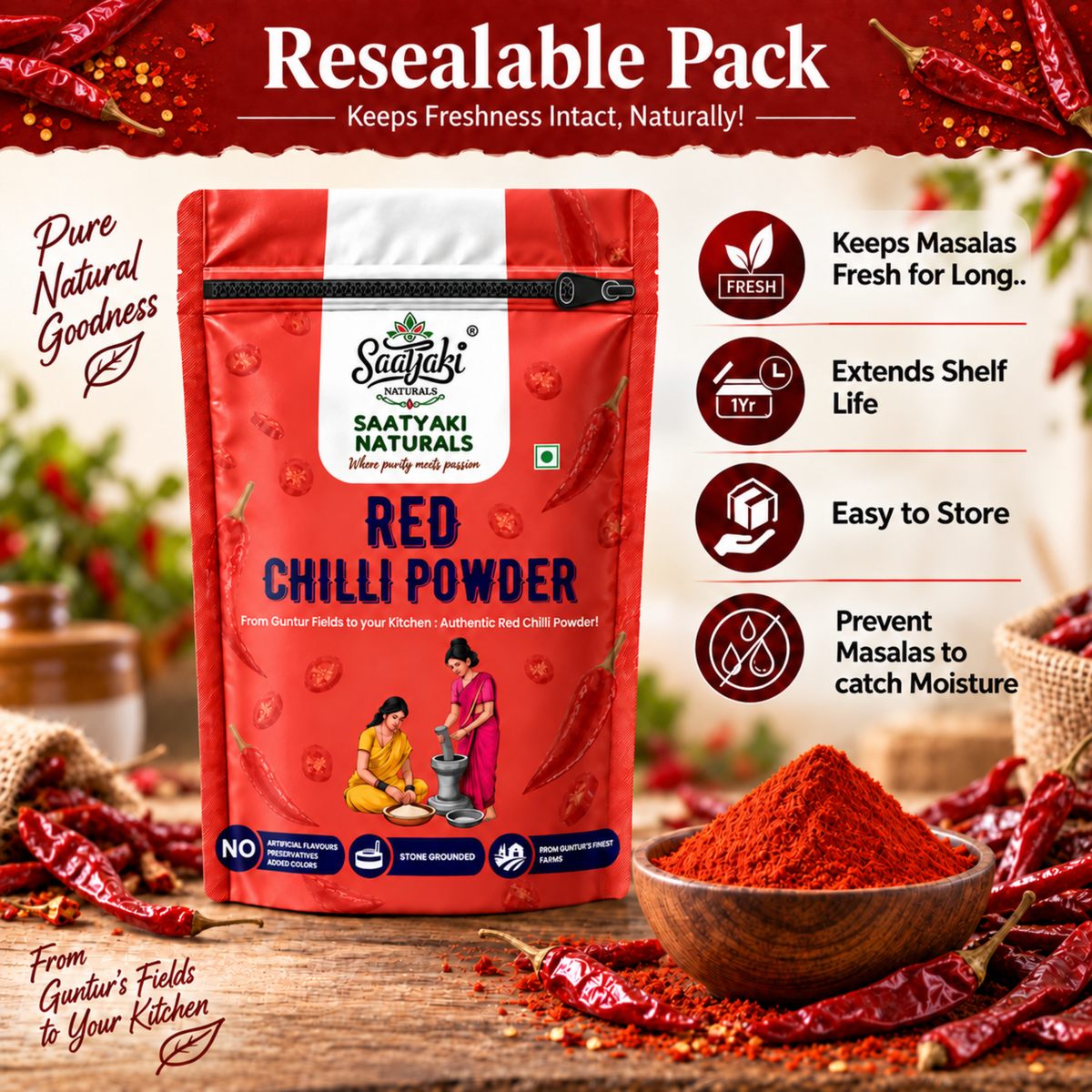Red Chilli Powder - Stone Grounded, Pure & Stem Cut Lal Mirch Powder